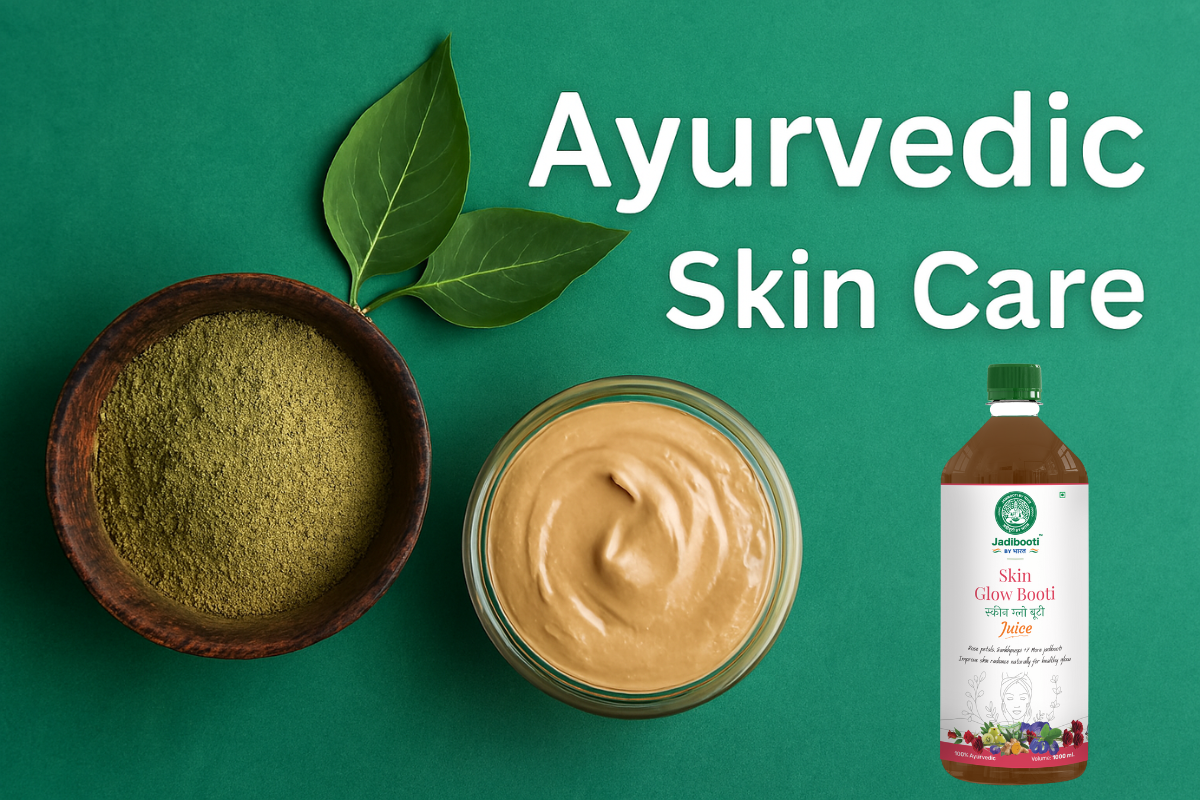 Ayurvedic skin care ingredients including herbal powder, creamy paste, and green leaves arranged on a green background with text 